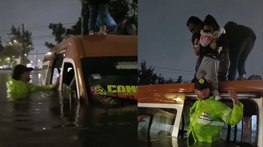 Policías rescatan a un hombre y un bebé de una combi atrapada por la inundación en Iztapalapa