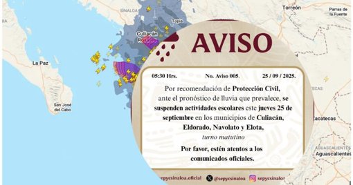 Suspenden clases en Culiacán y municipios aledaños por pronóstico de lluvias intensas