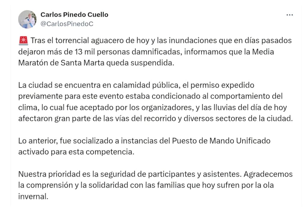Impacto de la ola invernal obliga a la Alcaldía de Santa Marta a suspender la Media Maratón