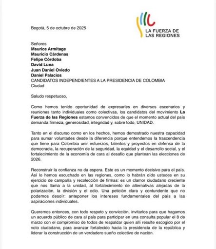 La Fuerza de las Regiones propone consulta unificada para candidato independiente