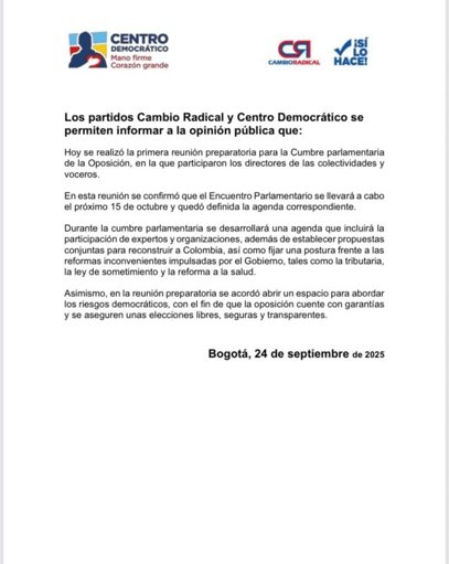 Partidos de oposición convocan cumbre parlamentaria para el 15 de octubre