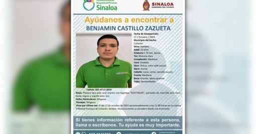 Persiste la búsqueda de Benjamín Castillo Zazueta a un año de su desaparición en Culiacán