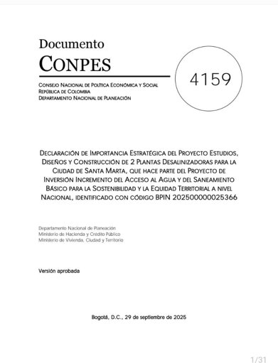 Gobierno Nacional aprueba CONPES para dos plantas desalinizadoras en Santa Marta